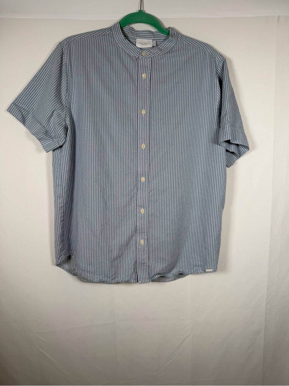 Cozy Earth Men's Light Blue Thin-Stripe Band Collar Button-Down Shirt